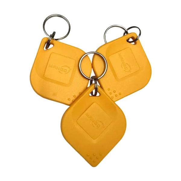 Three yellow RFID guard identification tags on keyrings